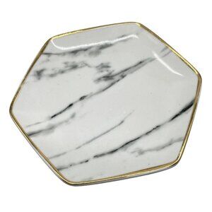peir 1 plate trinket marble gold trim glass hexagon white 4.5x4" READ